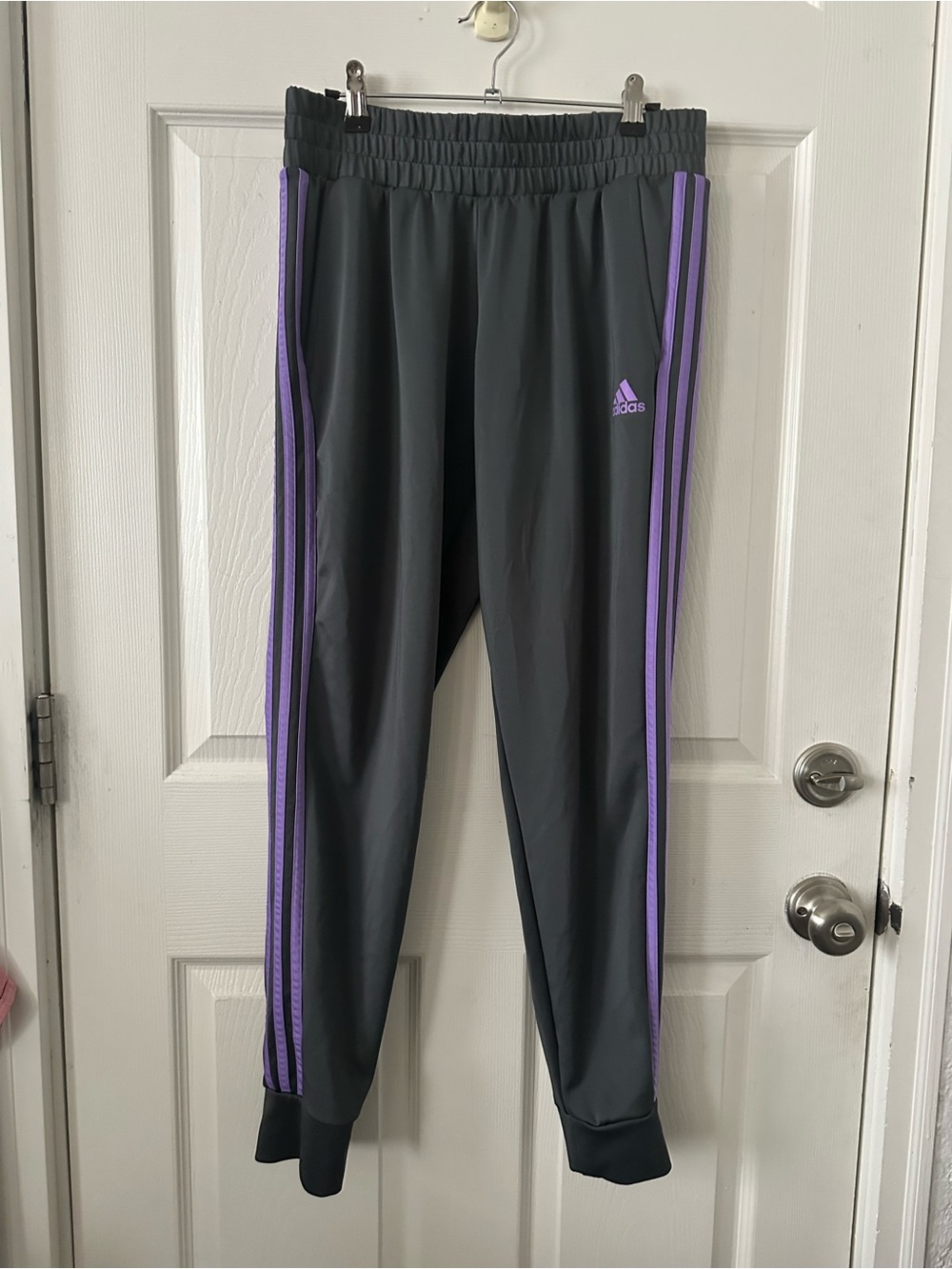 adidas Women’s Charcoal Joggers with Purple Side Stripes